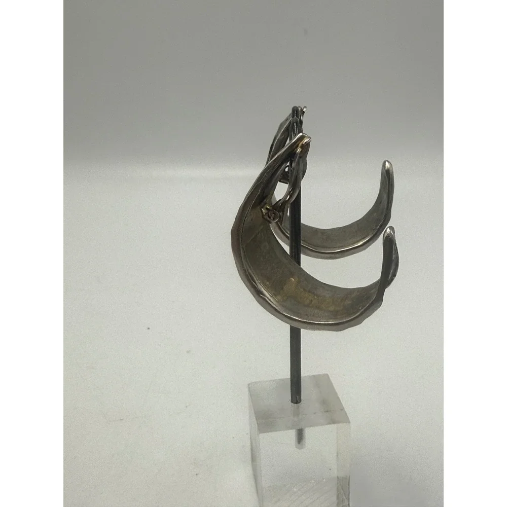Vintage DKCo Textured Silver Tone Heavy Clip On Hoop Earrings Sculptural Bold
